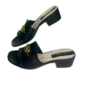 Franco Sarto black leather Noreen 2 block heel sandal gold tone ornament 7 1/2 M